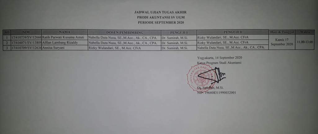 Jadwal Ujian Tugas Akhir Prodi Akuntansi Sv Ugm Periode September